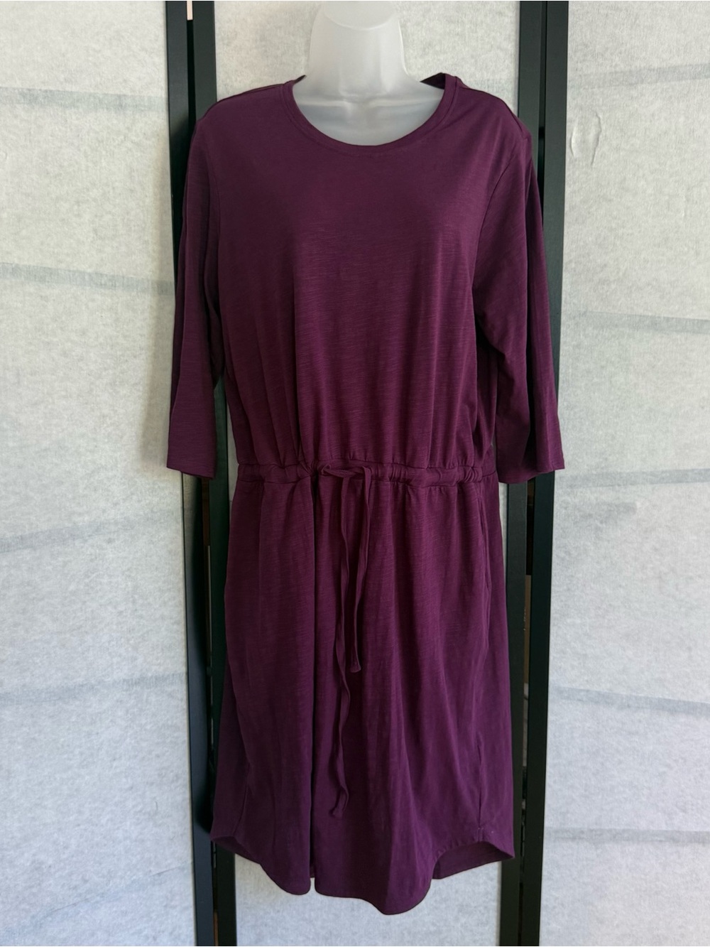 PACT Organic Cotton Relaxed Slub Tie Waist Dress Large Burgundy Pockets